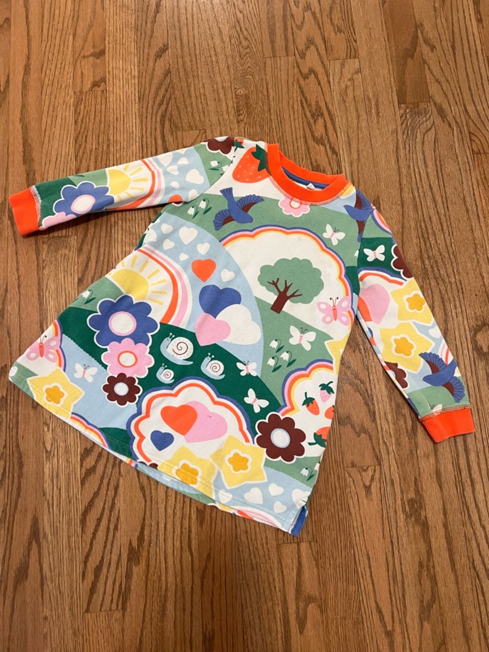 Mini Boden Colorful Rainbow & Floral Print Dress with Orange Trim